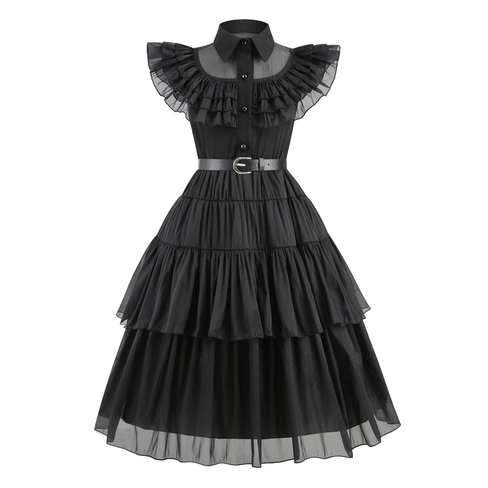 Adams Cosplay Black Dress Cosplay Costume Outfits Kids Halloween Carnival Dancing Party Suit for Girls