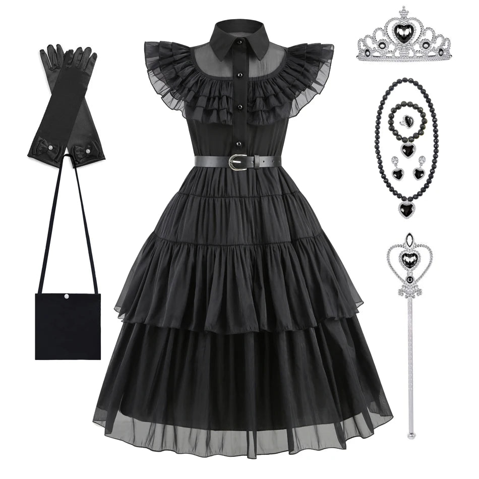 Adams Cosplay Black Dress Cosplay Costume Outfits Kids Halloween Carnival Dancing Party Suit for Girls