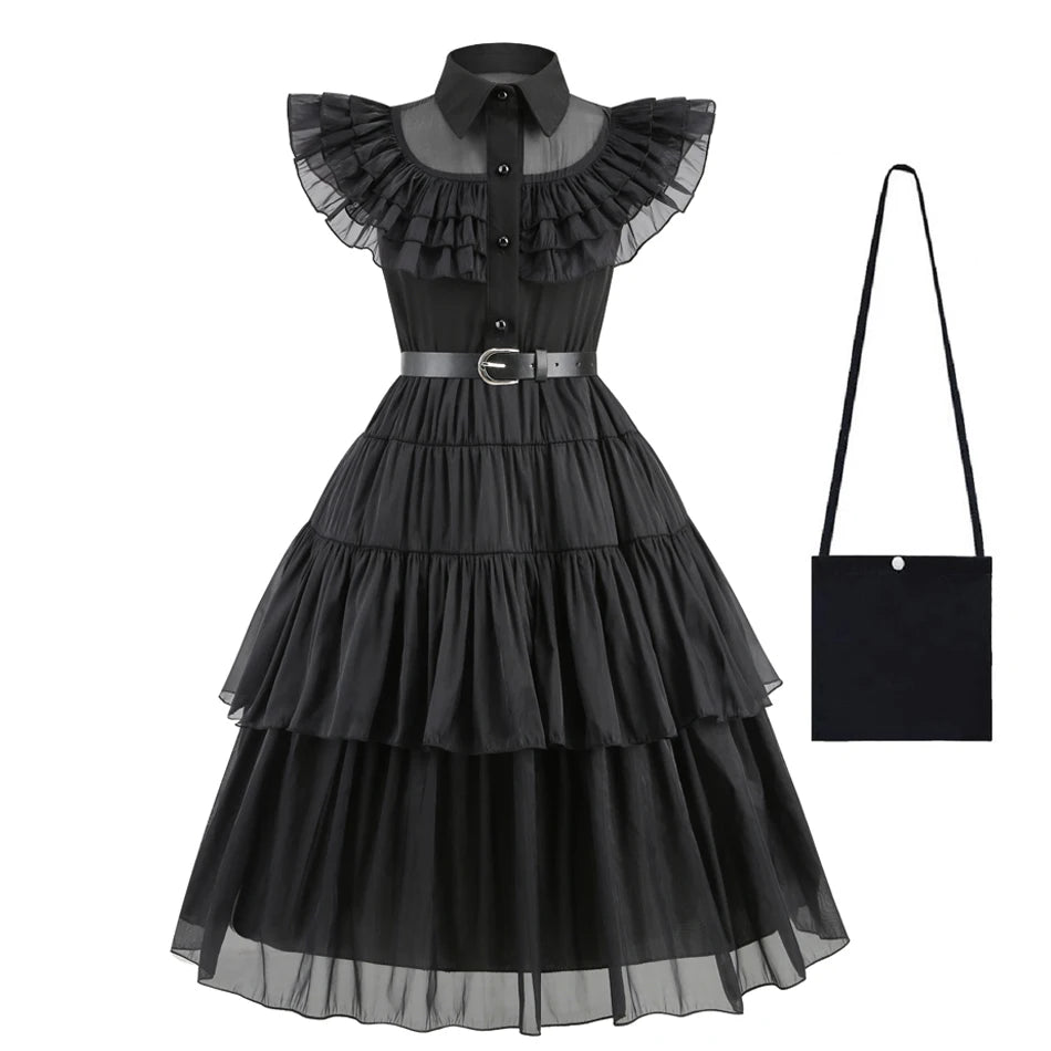Adams Cosplay Black Dress Cosplay Costume Outfits Kids Halloween Carnival Dancing Party Suit for Girls