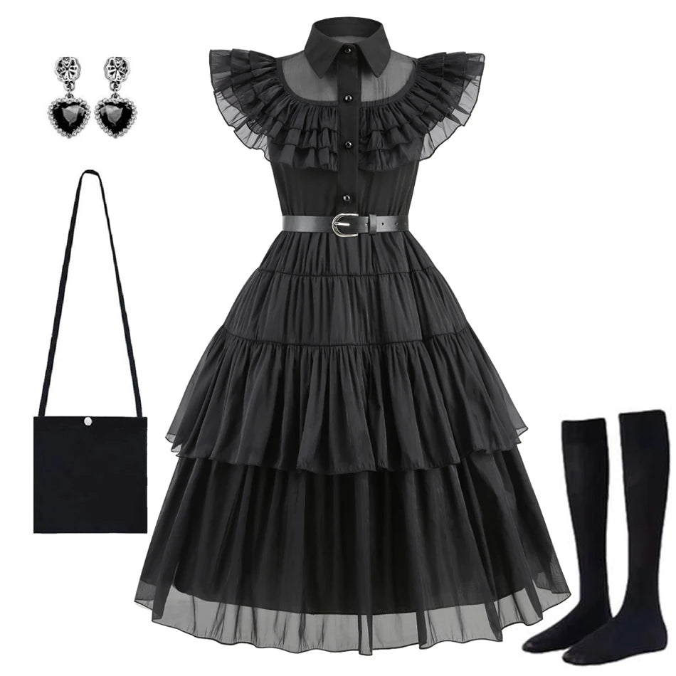 Adams Cosplay Black Dress Cosplay Costume Outfits Kids Halloween Carnival Dancing Party Suit for Girls