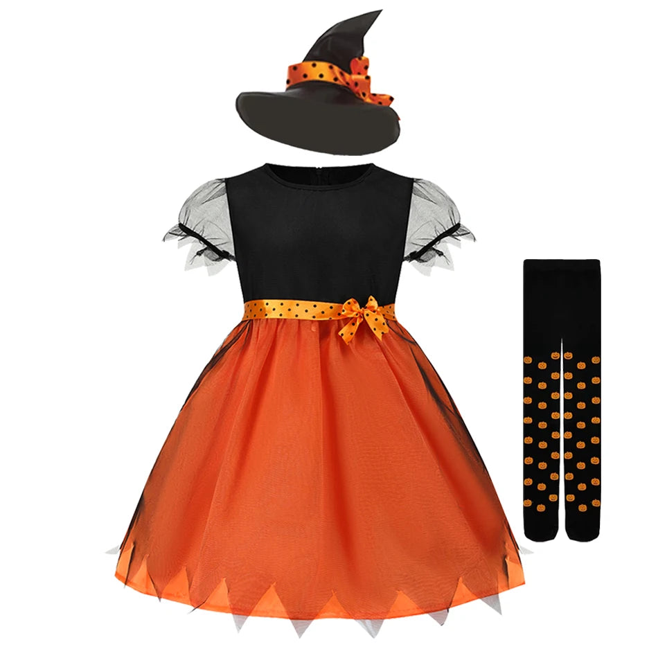 2025 Children's Pumpkin Costume Role Playing Girls Dress Carnival Party Halloween Cosplay Performance Kid Outfit