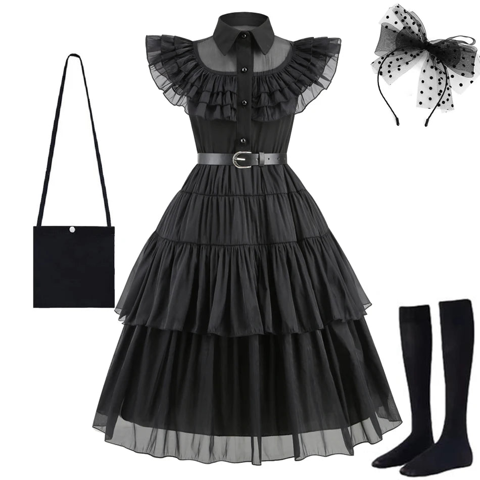 Adams Cosplay Black Dress Cosplay Costume Outfits Kids Halloween Carnival Dancing Party Suit for Girls