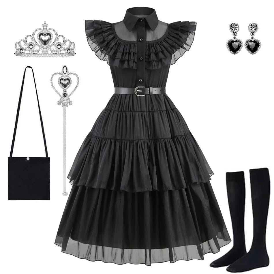 Adams Cosplay Black Dress Cosplay Costume Outfits Kids Halloween Carnival Dancing Party Suit for Girls