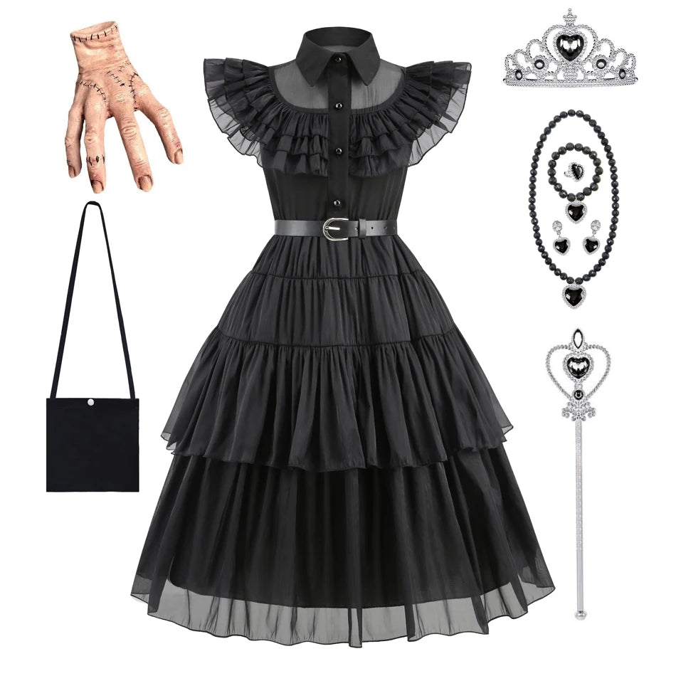 Adams Cosplay Black Dress Cosplay Costume Outfits Kids Halloween Carnival Dancing Party Suit for Girls