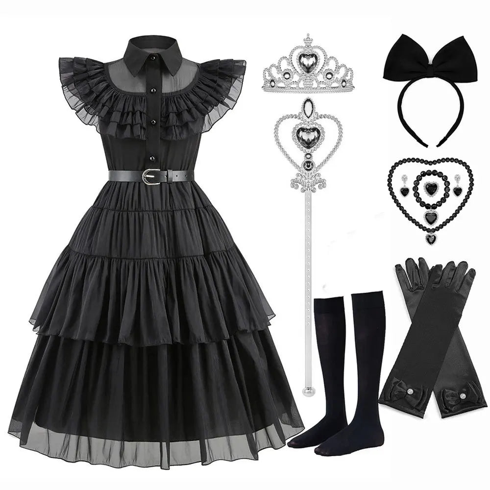 2025 Wednesday Hot Black Short Costume New Vestidos For Kids Cosplay Carnival Easter Halloween Party Costumes for 3-10 Years