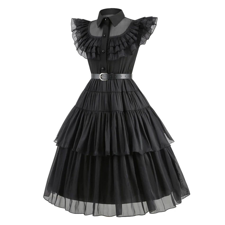 Adams Cosplay Black Dress Cosplay Costume Outfits Kids Halloween Carnival Dancing Party Suit for Girls