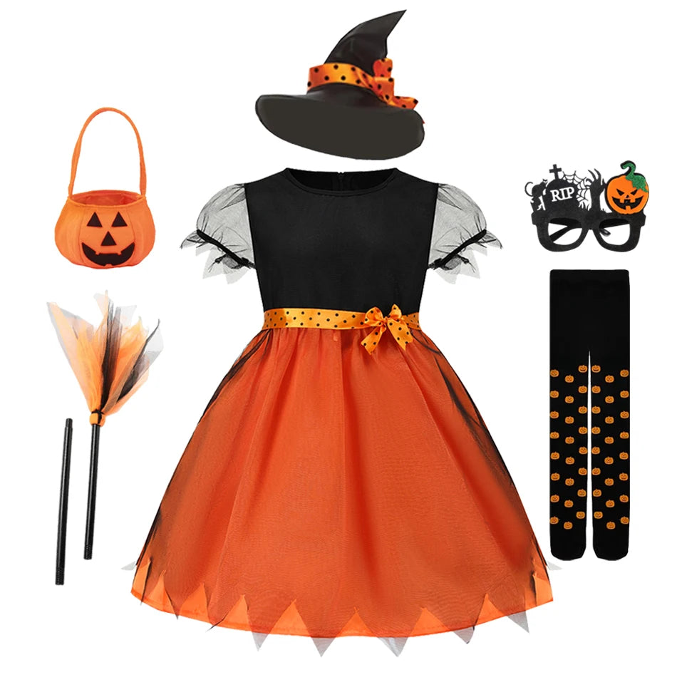 2025 Children's Pumpkin Costume Role Playing Girls Dress Carnival Party Halloween Cosplay Performance Kid Outfit