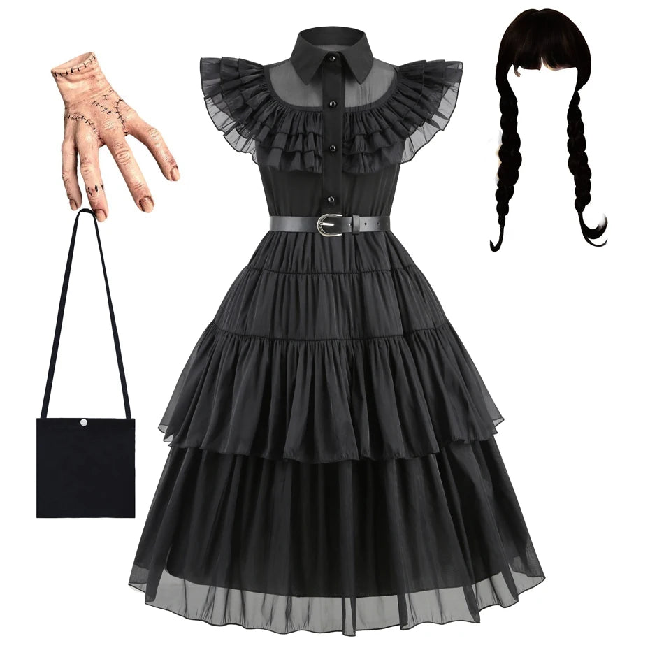 Adams Cosplay Black Dress Cosplay Costume Outfits Kids Halloween Carnival Dancing Party Suit for Girls