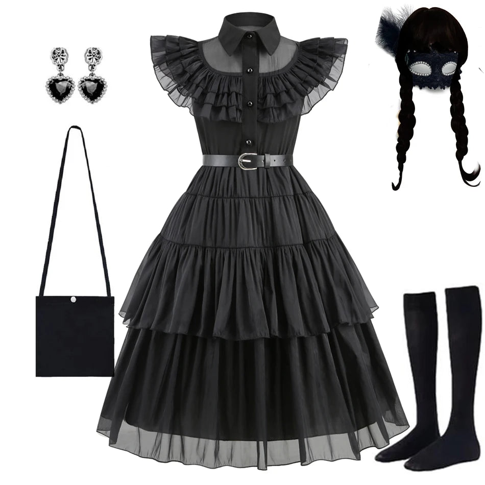 Adams Cosplay Black Dress Cosplay Costume Outfits Kids Halloween Carnival Dancing Party Suit for Girls