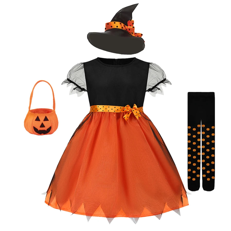 2025 Children's Pumpkin Costume Role Playing Girls Dress Carnival Party Halloween Cosplay Performance Kid Outfit