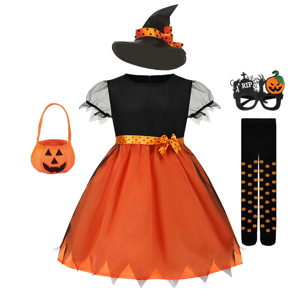 2025 Children's Pumpkin Costume Role Playing Girls Dress Carnival Party Halloween Cosplay Performance Kid Outfit