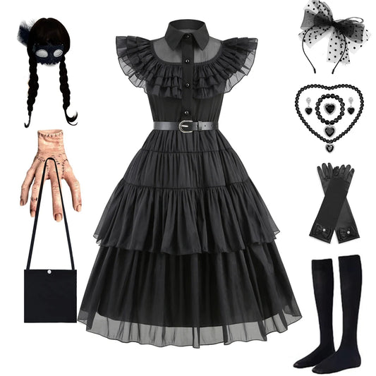 Adams Cosplay Black Dress Cosplay Costume Outfits Kids Halloween Carnival Dancing Party Suit for Girls